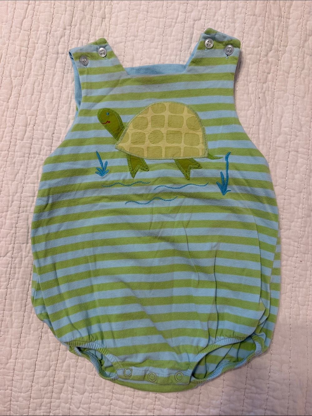 Kids One-Piece Stripe Romper with Turtle Applique - Blue & Green